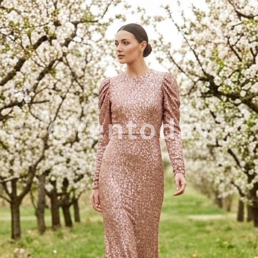 Mac Duggal Size 4 Copper Gold High Neck Long Puff Sleeve Sequin Gown Maxi Dress